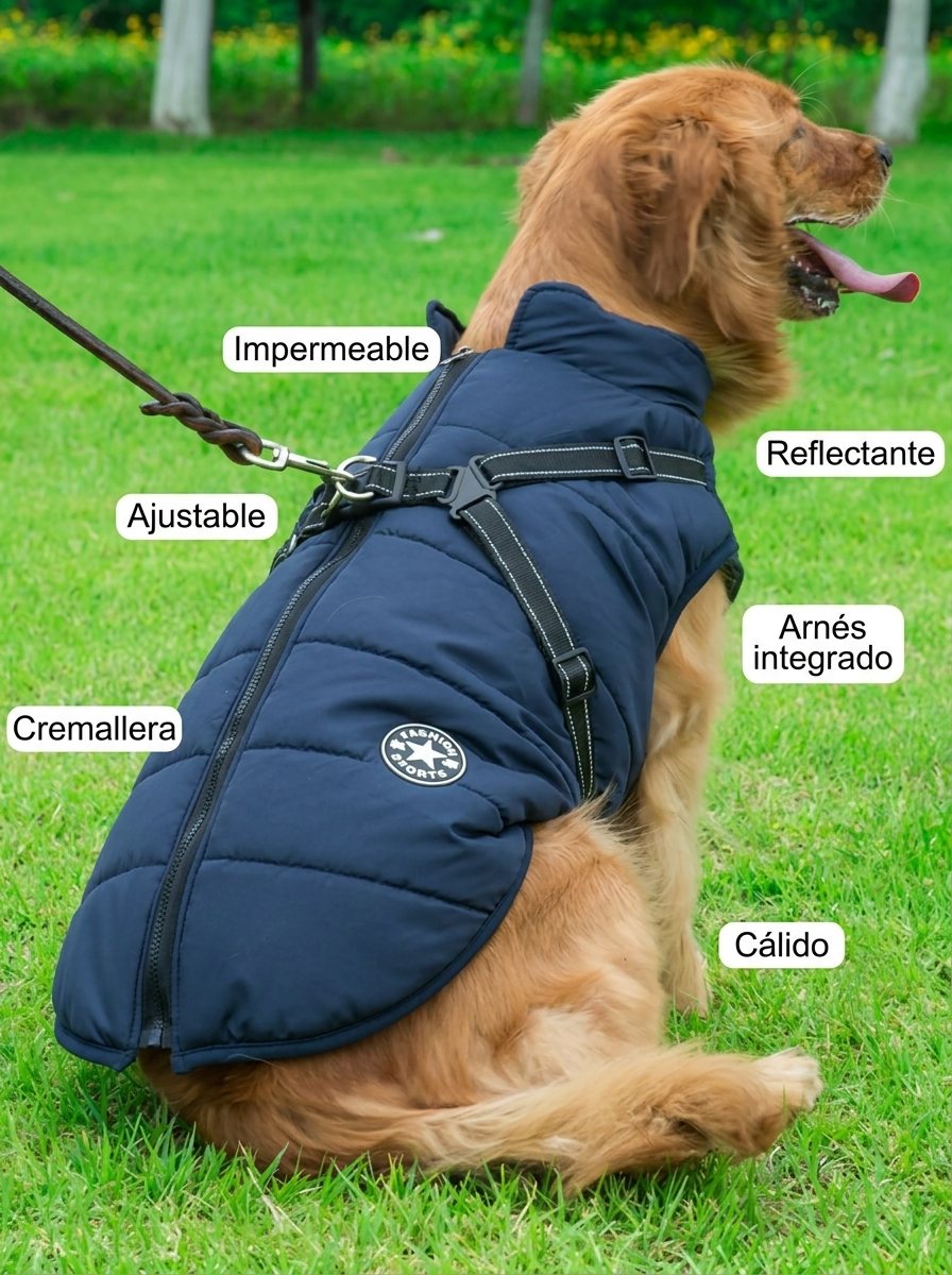 Detalle del chubasquero impermeable acolchado para perros grandes