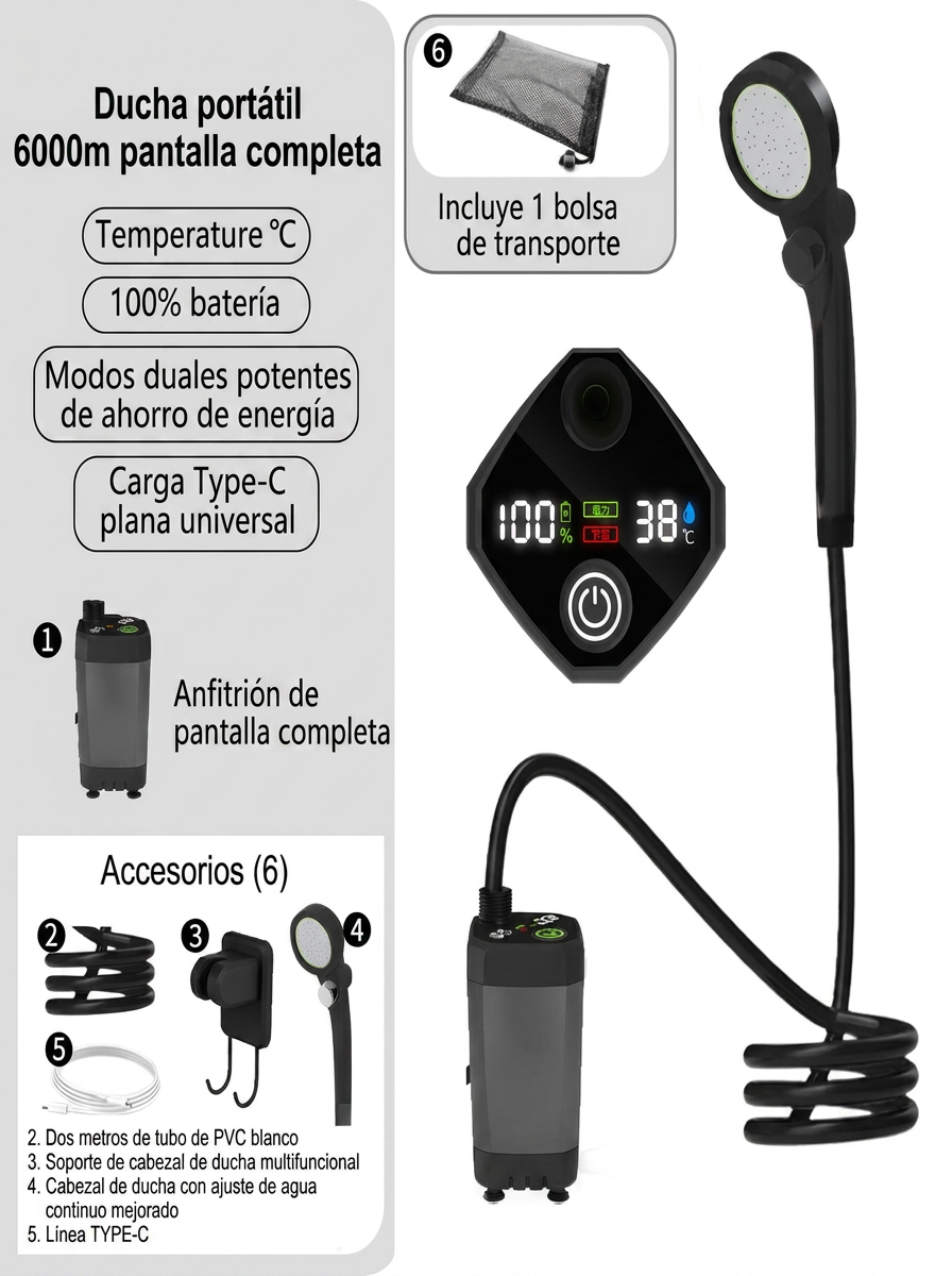 Ducha portátil recargable para mascotas: pantalla completa, batería 6000 mAh y bolsa de transporte