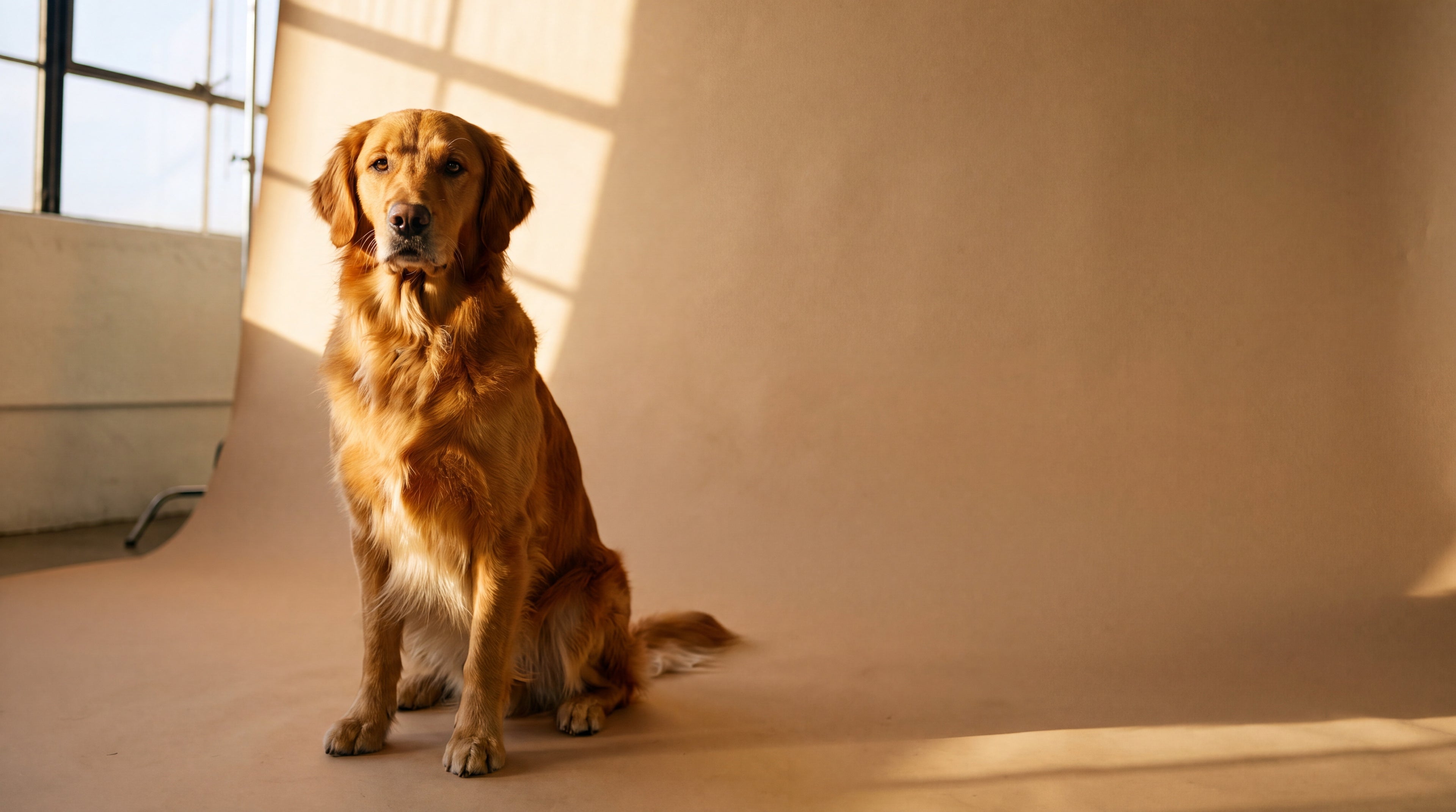 Golden Retriever en estudio editorial cálido - MeganPet accesorios premium para mascotas